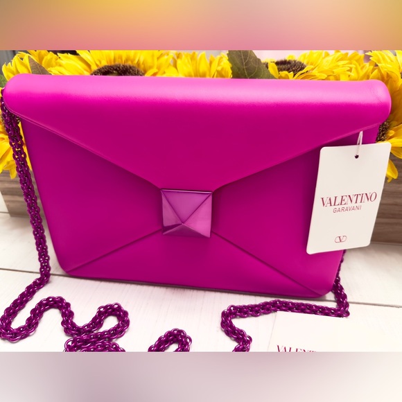 VALENTINO GARAVANI PINK PP Leather Clutch Bag One Stud Chain Strap - Picture 8 of 8